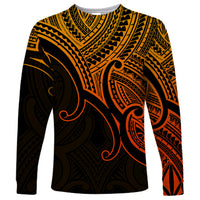 Unisex long sleeve shirt, gold and black Polynesian tribal pattern with koru motif