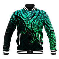 Aotearoa Polynesian baseball jacket, green and black tribal koru front design