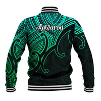 Aotearoa Polynesian baseball jacket, green tribal koru back with Aotearoa text