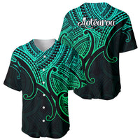 Green and black V-neck baseball jersey with Maori patterns and Aotearoa logo script
