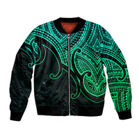 Unisex bomber jacket with front zip, black base and green koru-style artwork