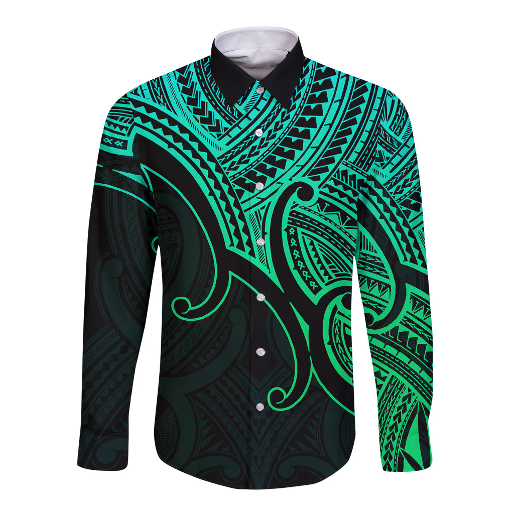 Long-sleeve button shirt in black and green with Maori koru tribal pattern