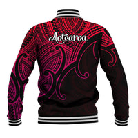 Unisex pink-and-black baseball jacket, back graphic with striped ribbed cuffs