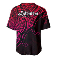 Pink-and-black Maori tribal baseball jersey, back 'Aotearoa' script, short sleeves
