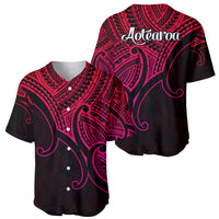 Pink-and-black Maori tribal baseball jersey, V-neck buttons with 'Aotearoa' back text