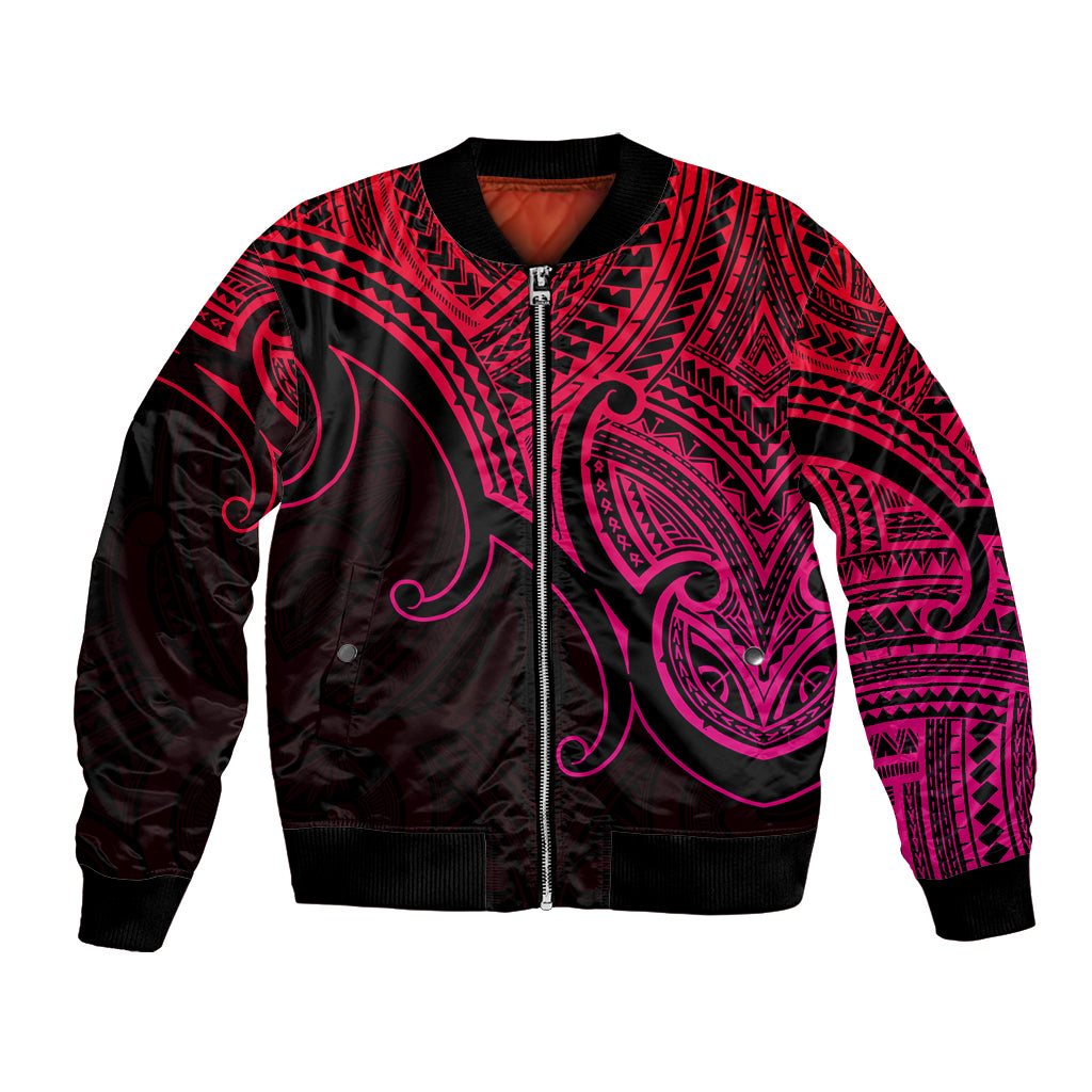 Pink and black bomber jacket with full-zip front, ribbed cuffs, and tribal koru graphic