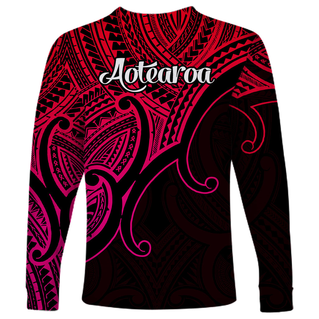 Unisex long-sleeve shirt with 'Aotearoa' text and pink-black Polynesian pattern