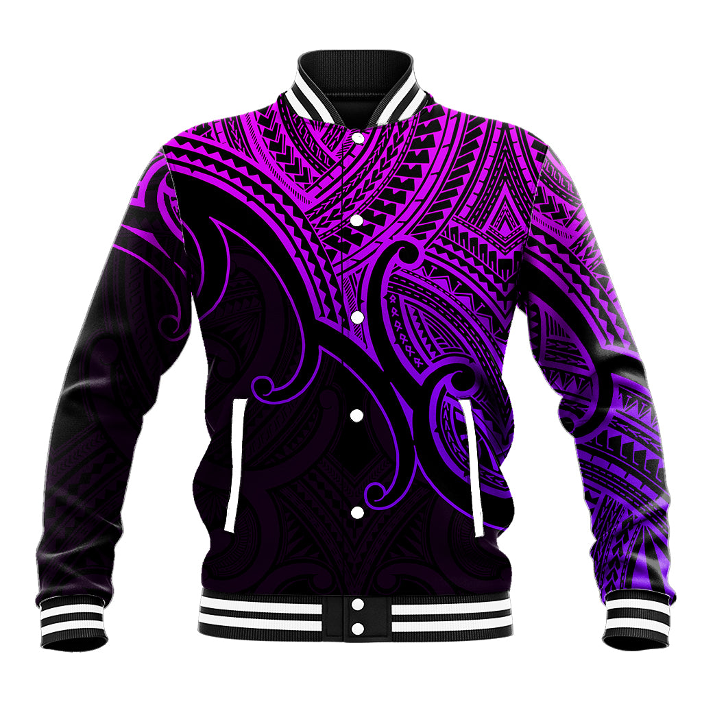 Purple baseball jacket with black Maori koru tribal print, snap front, ribbed cuffs