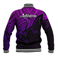 Purple baseball jacket with black tribal back print and Aotearoa text, striped ribbed hem