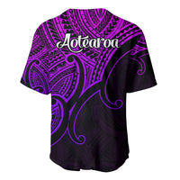 Purple and black baseball jersey, Aotearoa back print with Maori koru-style tribal graphics