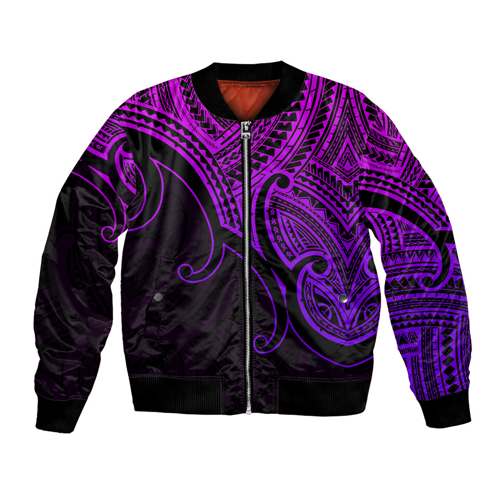 Purple and black bomber jacket with Maori koru tribal pattern, ribbed cuffs and hem