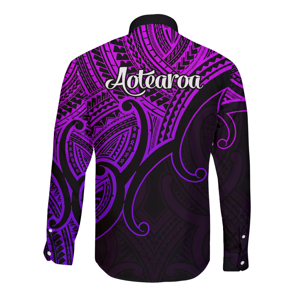 Purple-and-black long-sleeve button shirt with Aotearoa graphic on back and tribal patterns