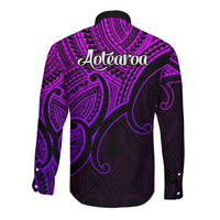 Purple-and-black long-sleeve button shirt with Aotearoa graphic on back and tribal patterns