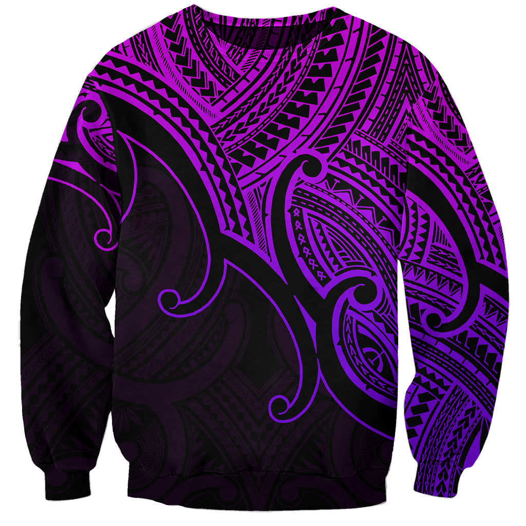 Unisex purple sweatshirt with large Maori-inspired koru graphic, long sleeves