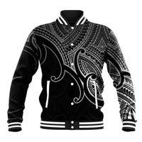 Black baseball varsity jacket with white striped ribbing and Polynesian koru artwork