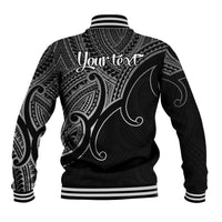 Black baseball jacket with white tribal patterns, striped cuffs, and 'Your text' on back