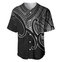 Black baseball jersey with Maori-style koru tribal pattern, button front, V-neck.