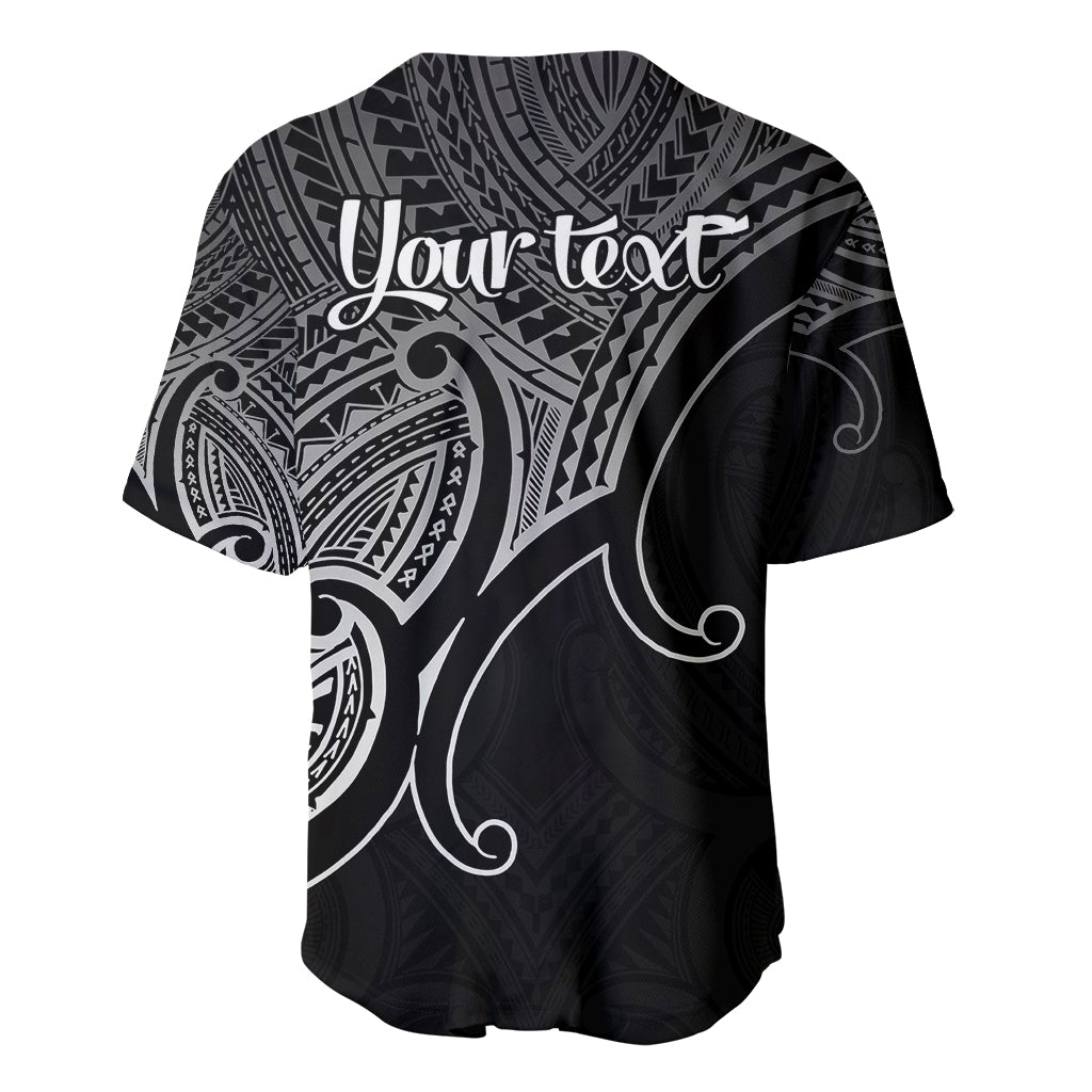 Black baseball jersey, bold tribal print and flowing koru curves, V-neck, buttons, 'Your text'.