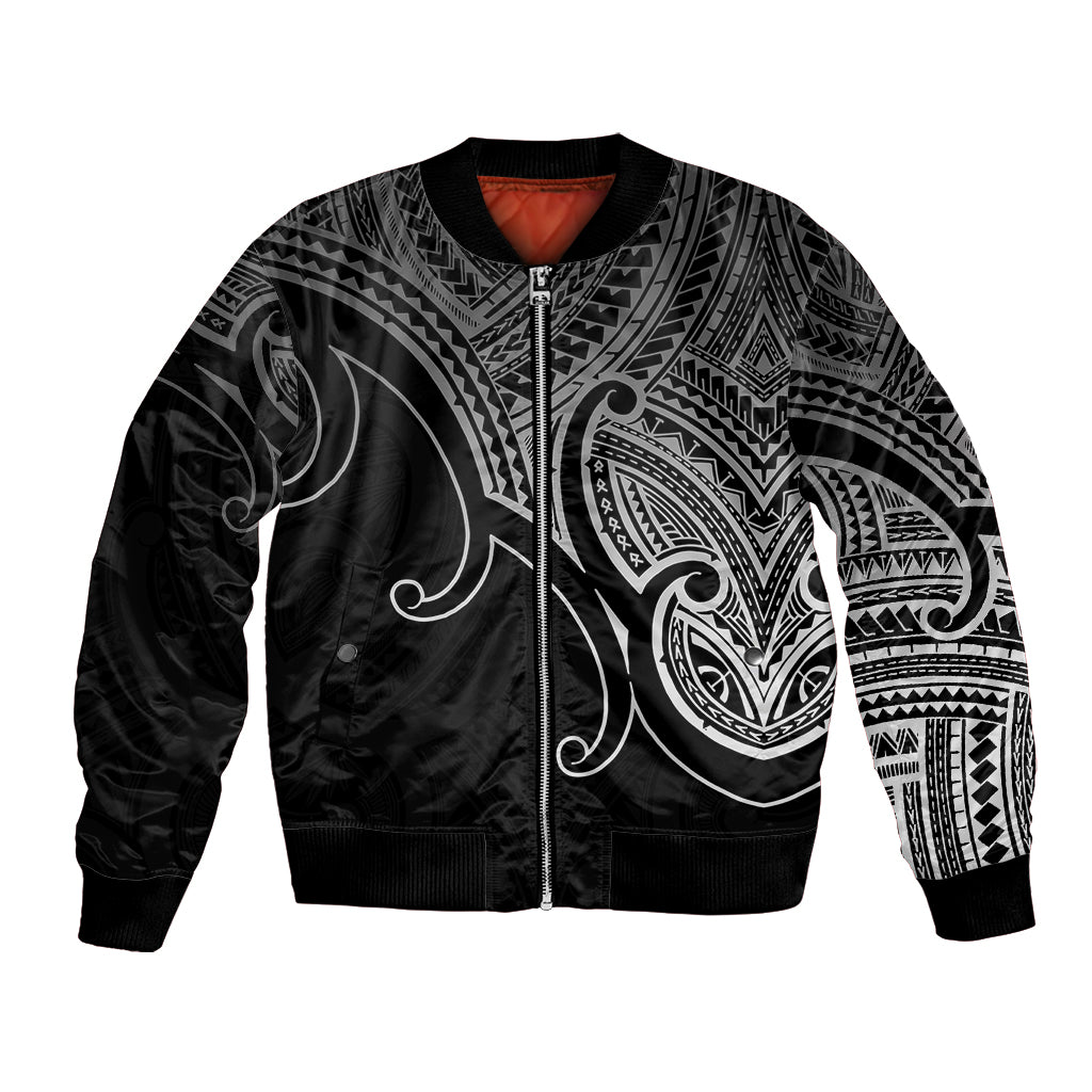 Black unisex bomber jacket with tribal Polynesian maori koru graphic, zip front