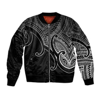 Black unisex bomber jacket with tribal Polynesian maori koru graphic, zip front