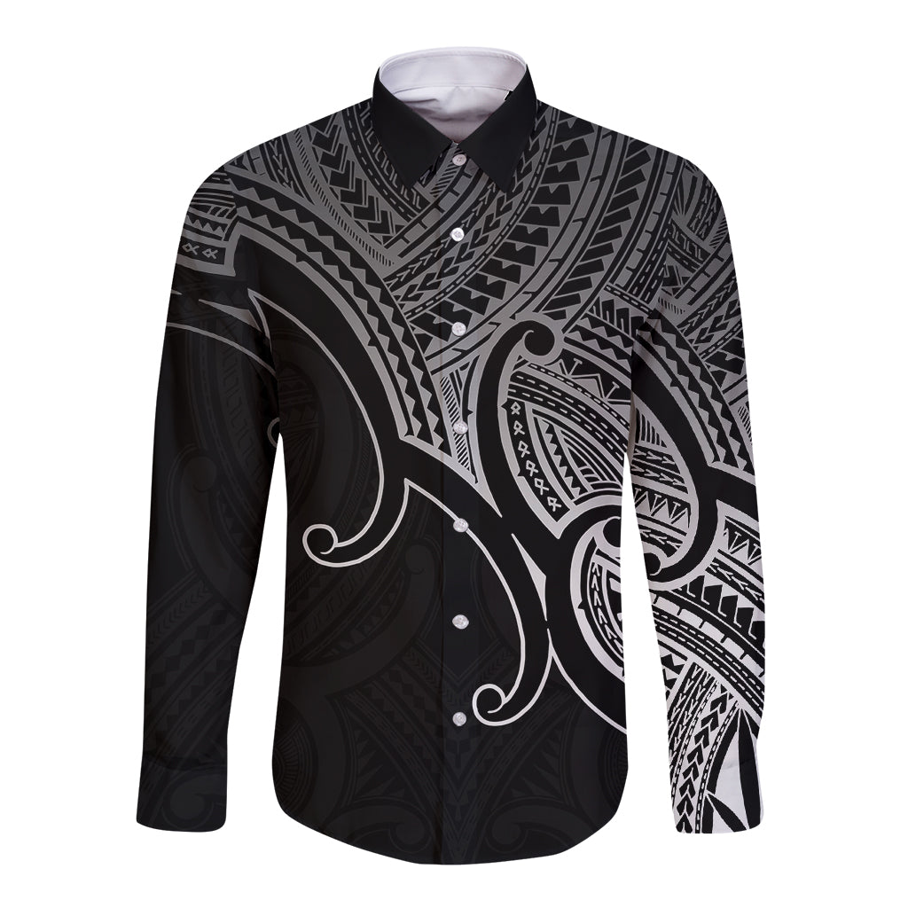 Black long-sleeve button shirt with bold Maori-style geometric and koru artwork
