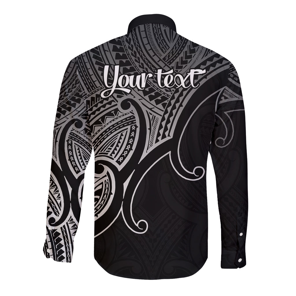 Black long-sleeve button shirt back with large Maori-style koru and geometric print