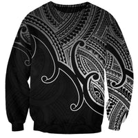 Black unisex sweatshirt with bold black-and-gray Polynesian koru tribal print, crew neck.