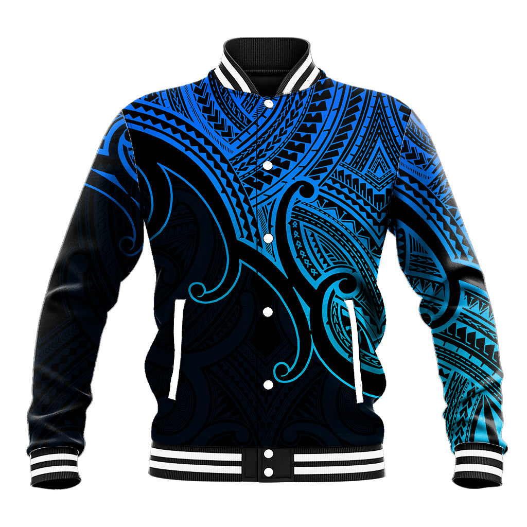 Blue/black tribal baseball jacket with ribbed collar, button front, and striped cuffs