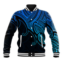 Blue/black tribal baseball jacket with ribbed collar, button front, and striped cuffs