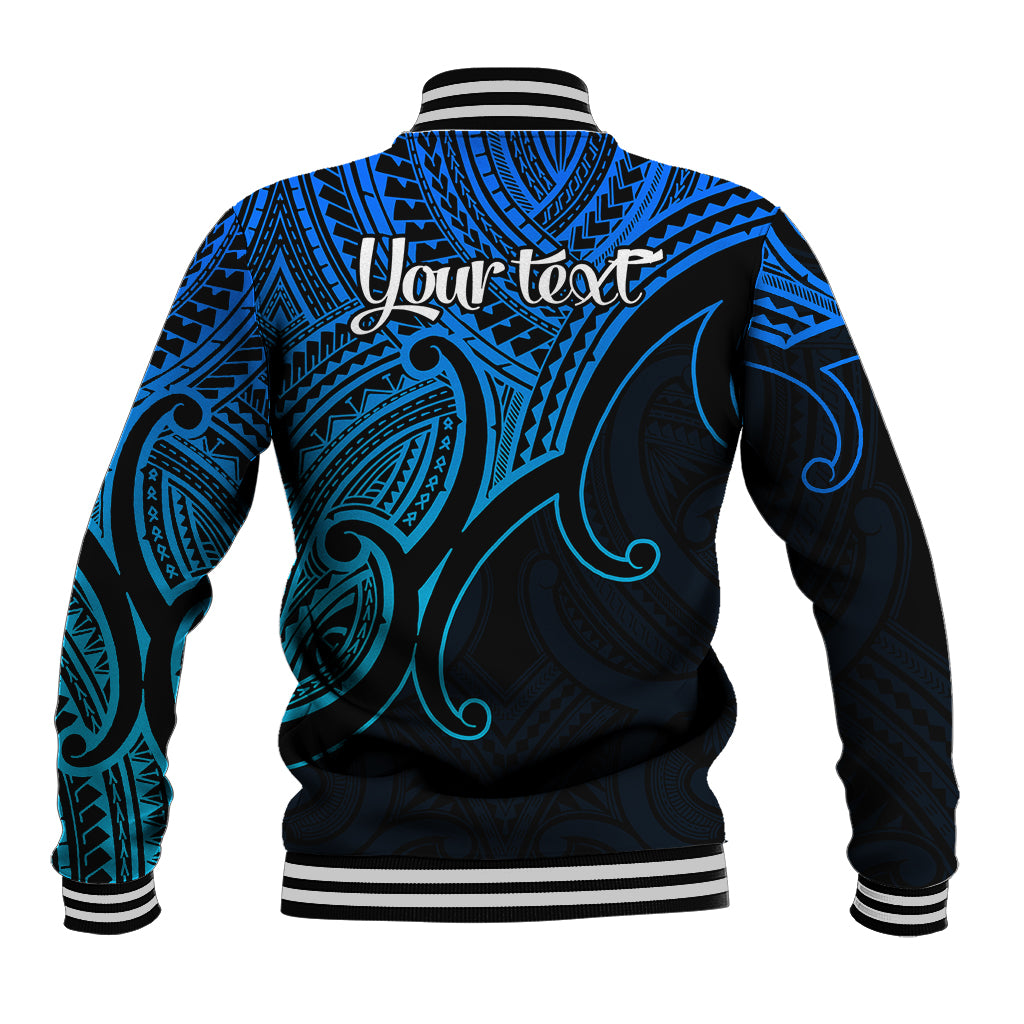 Blue/black tribal baseball jacket with custom text on back and striped ribbed hem