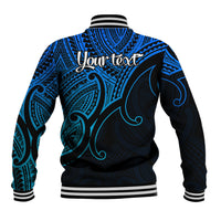Blue/black tribal baseball jacket with custom text on back and striped ribbed hem