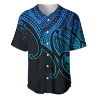 Blue V-neck baseball jersey with tribal Maori-style koru pattern, button front