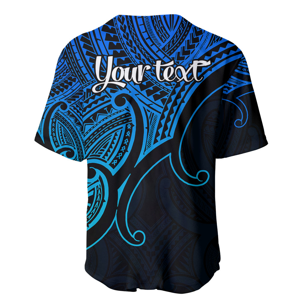 Blue V-neck baseball jersey with bold tribal pattern and white "Your text" print