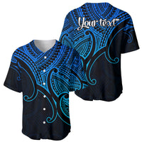 Two blue V-neck baseball jerseys with tribal pattern and "Your text" print