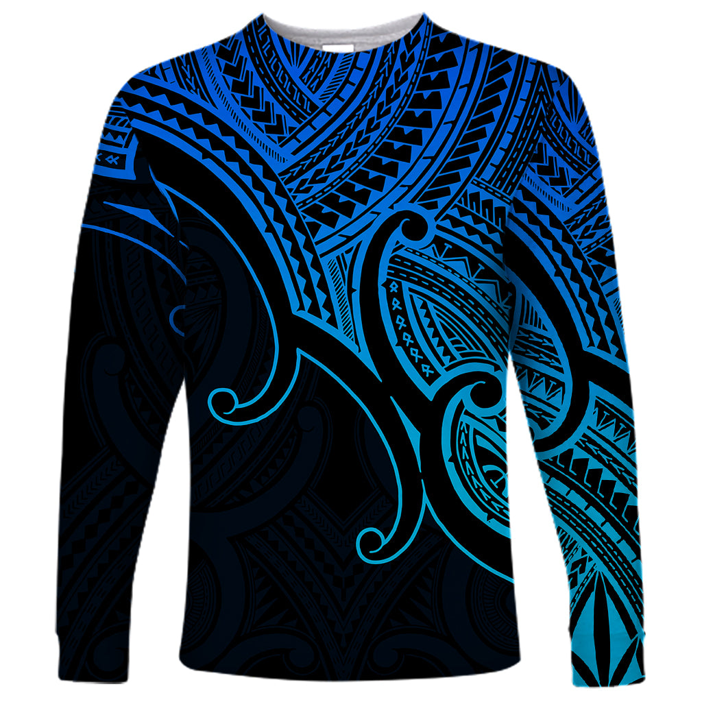 Unisex long-sleeve shirt with navy and blue Polynesian pattern, crew neck