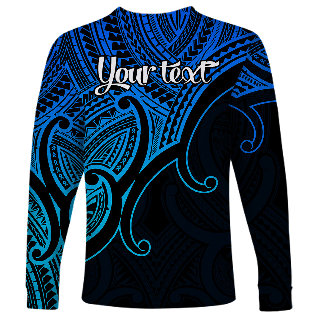 Unisex long-sleeve shirt with blue Polynesian design and 'Your text' on back