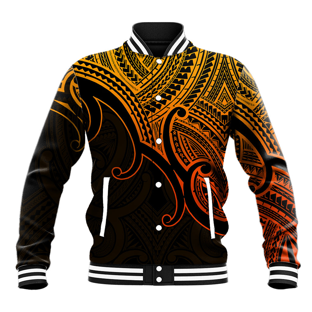 Gold and black Polynesian-style baseball jacket with Maori koru graphic and striped rib collar