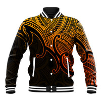 Gold and black Polynesian-style baseball jacket with Maori koru graphic and striped rib collar
