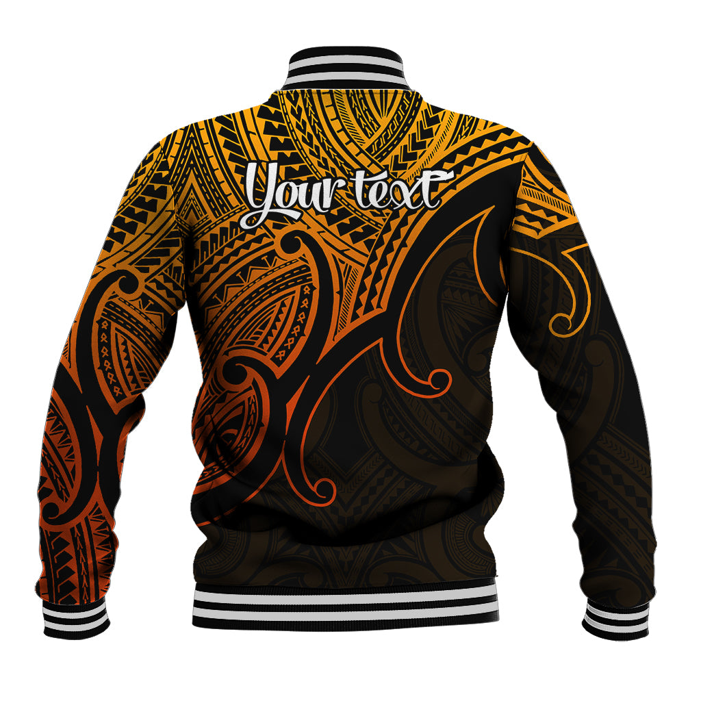 Gold and black baseball jacket with Polynesian patterns, striped rib cuffs, and snap-front hem