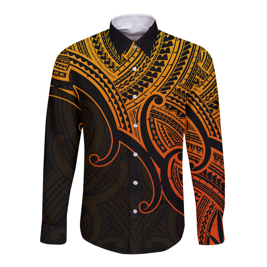 Gold and black long-sleeve button shirt with Polynesian tribal pattern and pointed collar