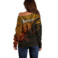 Women's off-shoulder sweater, back print with Your text, gold and black long sleeves