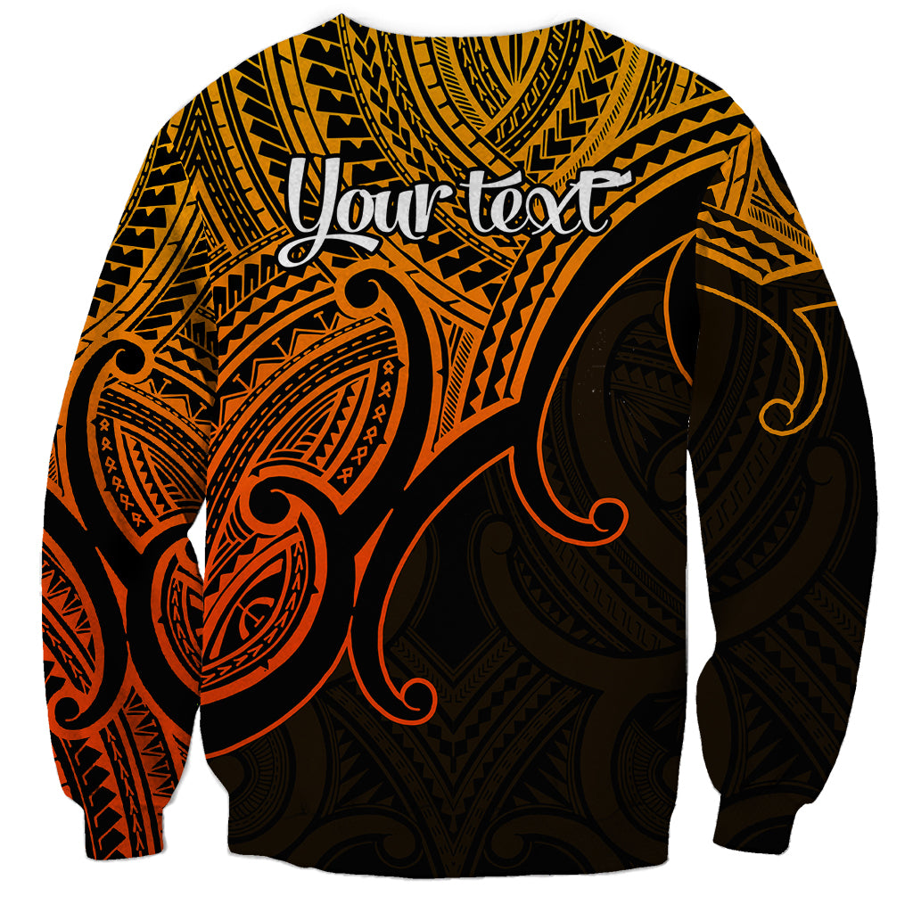 Unisex crewneck sweatshirt in gold with cursive slogan and Polynesian tribal print back