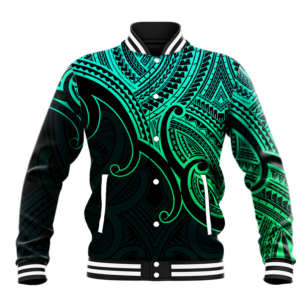 Green and black Polynesian baseball jacket with Maori-style koru graphic, ribbed cuffs