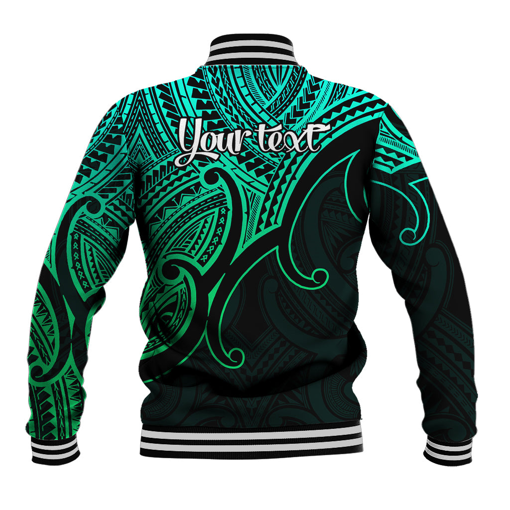 Green and black baseball jacket back with 'Your text' print and tribal koru designs