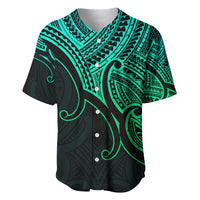 Green Polynesian baseball jersey, V-neck button placket, tribal koru pattern