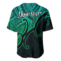 Green Polynesian baseball jersey, back view with 'Your text' and tribal koru pattern