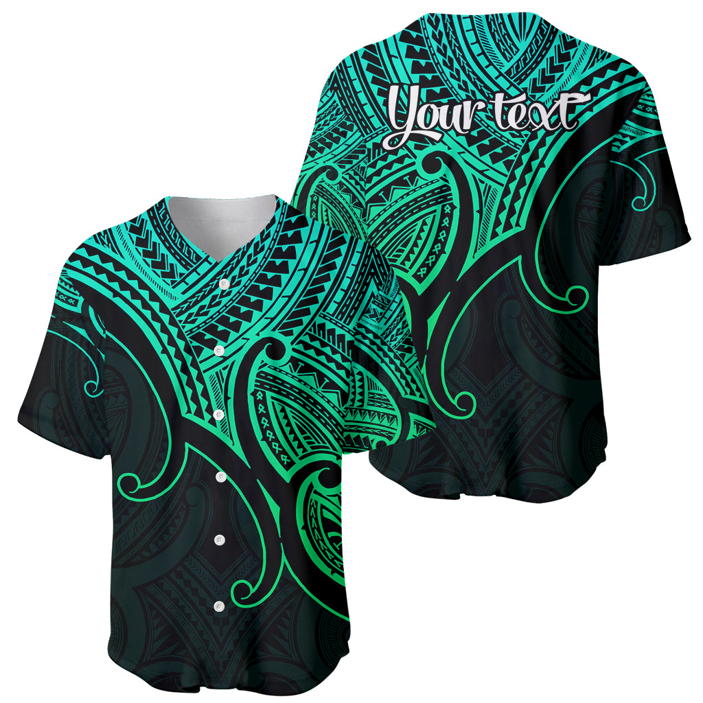 Green Polynesian baseball jersey, front and back angles with tribal koru pattern