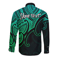 Green and black long sleeve button shirt with 'Your text' print and tribal back pattern.