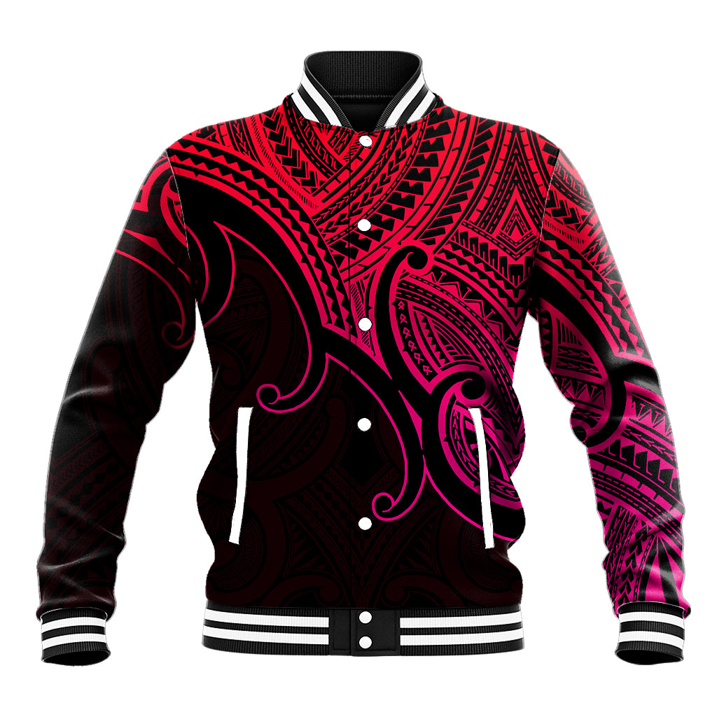 Unisex baseball jacket, black with pink Polynesian pattern, snap front, striped ribbed cuffs