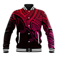 Unisex baseball jacket, black with pink Polynesian pattern, snap front, striped ribbed cuffs